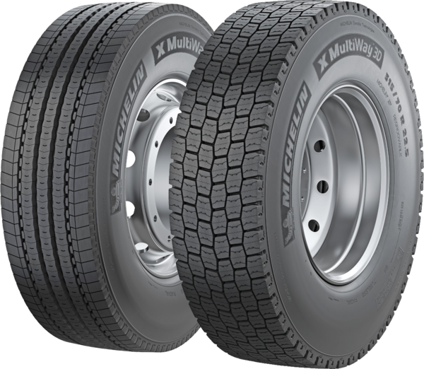 Michelin X MULTIWAY 3D XZE styrdäck och XDE drivdäck för lastbil, snett framifrån