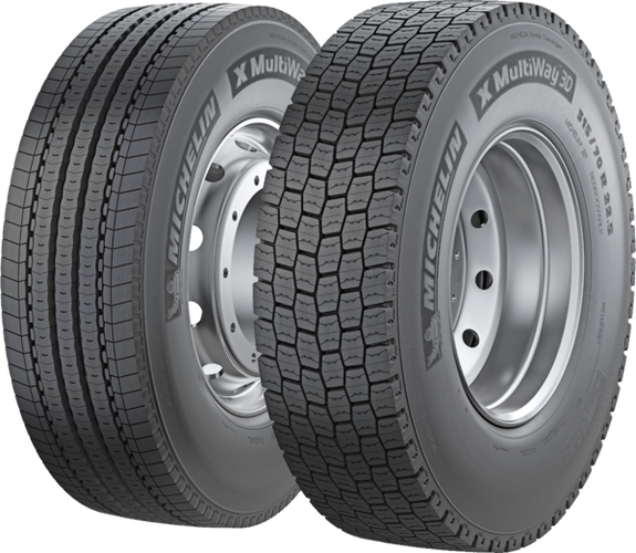 Michelin X MULTIWAY 3D XZE styrdäck och XDE drivdäck för lastbil, snett framifrån