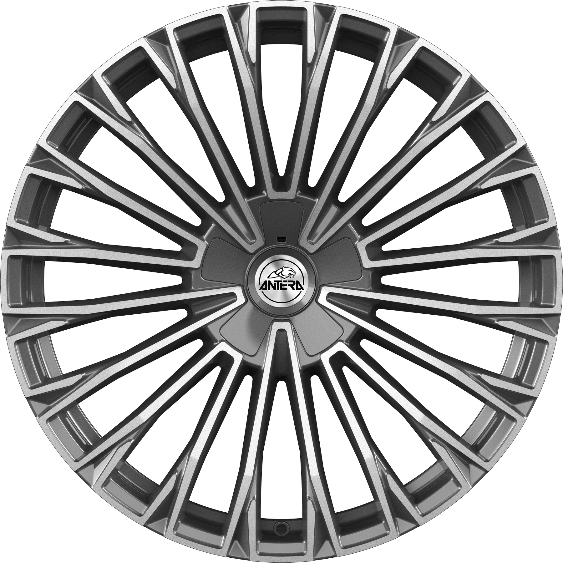 Antera A103 aluminiumfälg moon grey med diamantpolerad framsida, rakt framifrån
