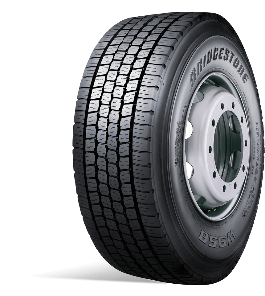 Bridgestone W958 vinter-styrdäck för lastbil, snett framifrån