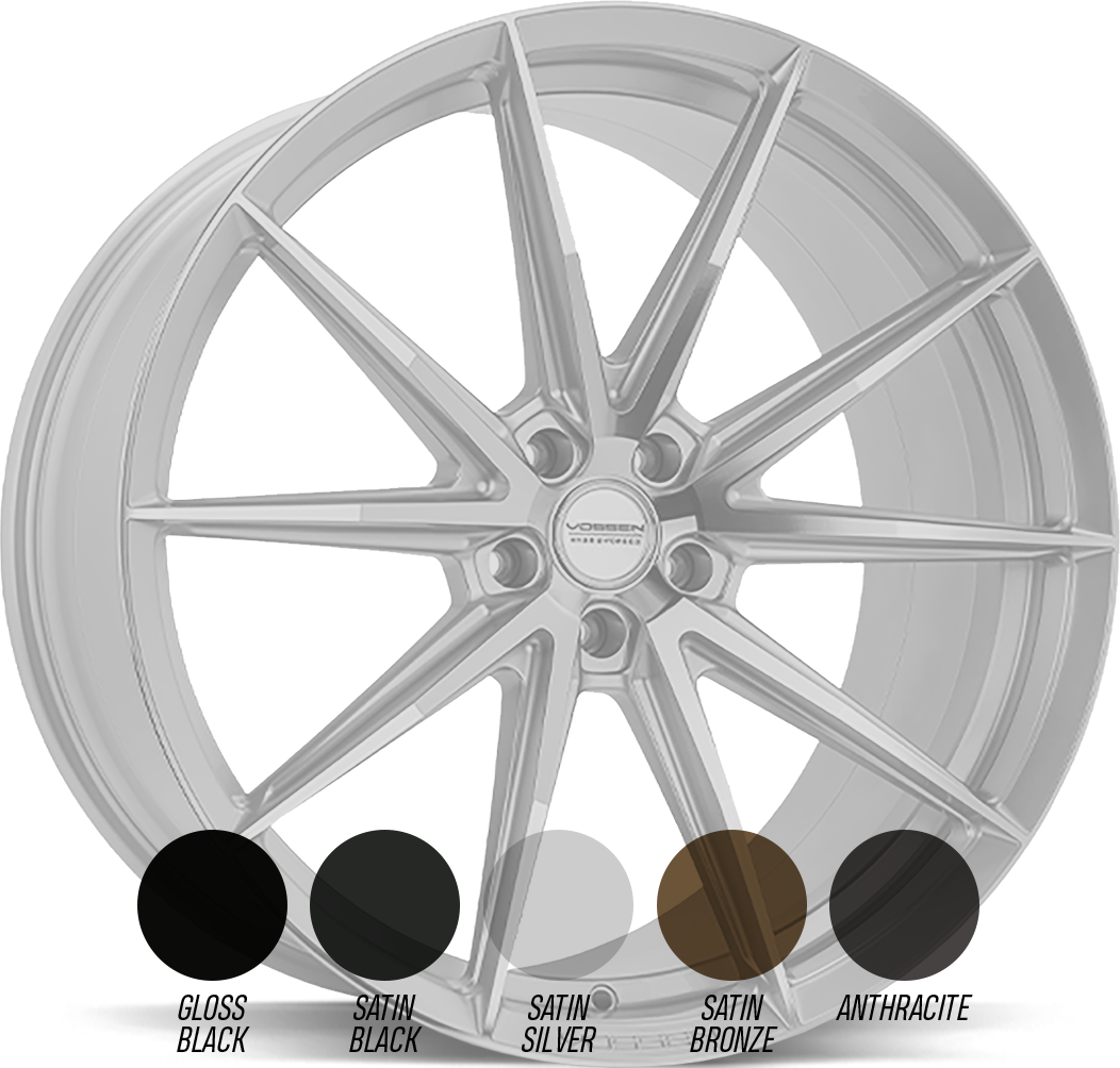 Vossen HFX-2 aluminiumfälg i specialkulör som väljs vid beställning, med Vossens kulörprover, snett framifrån