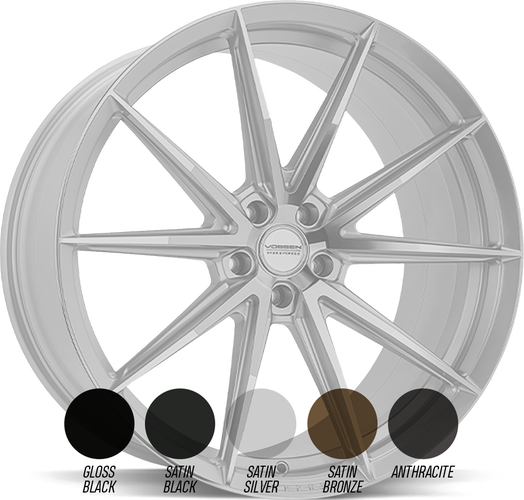 Vossen HFX-2 aluminiumfälg i specialkulör som väljs vid beställning, med Vossens kulörprover, snett framifrån