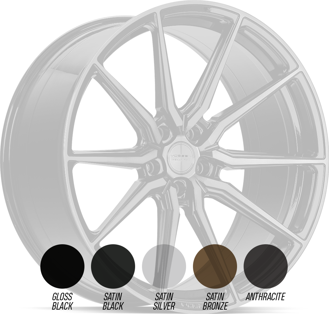 Vossen HF-3 aluminiumfälg i specialkulör som väljs vid beställning, med Vossens kulörprover, snett framifrån