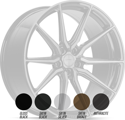 Vossen HF-3 aluminiumfälg i specialkulör som väljs vid beställning, med Vossens kulörprover, snett framifrån