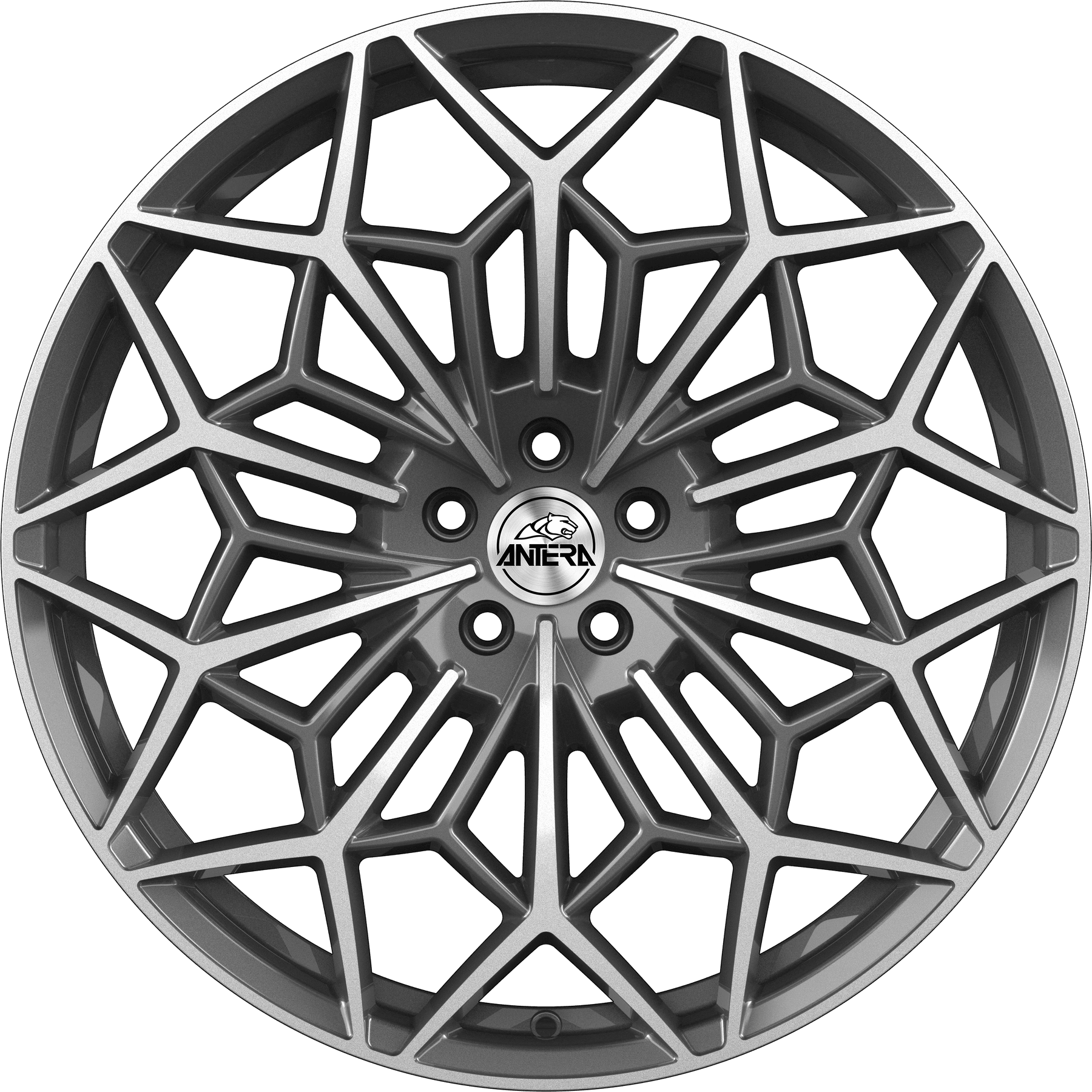 Antera A105 aluminiumfälg moon grey med diamantpolerad framsida, rakt framifrån